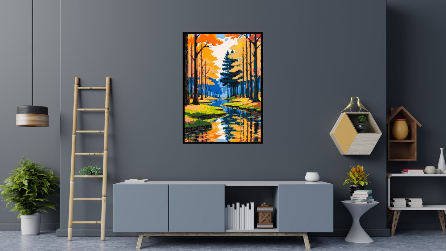 Autumn Forest River Reflection Illustration - Brick Art Mosaic Kit 5x7 large
