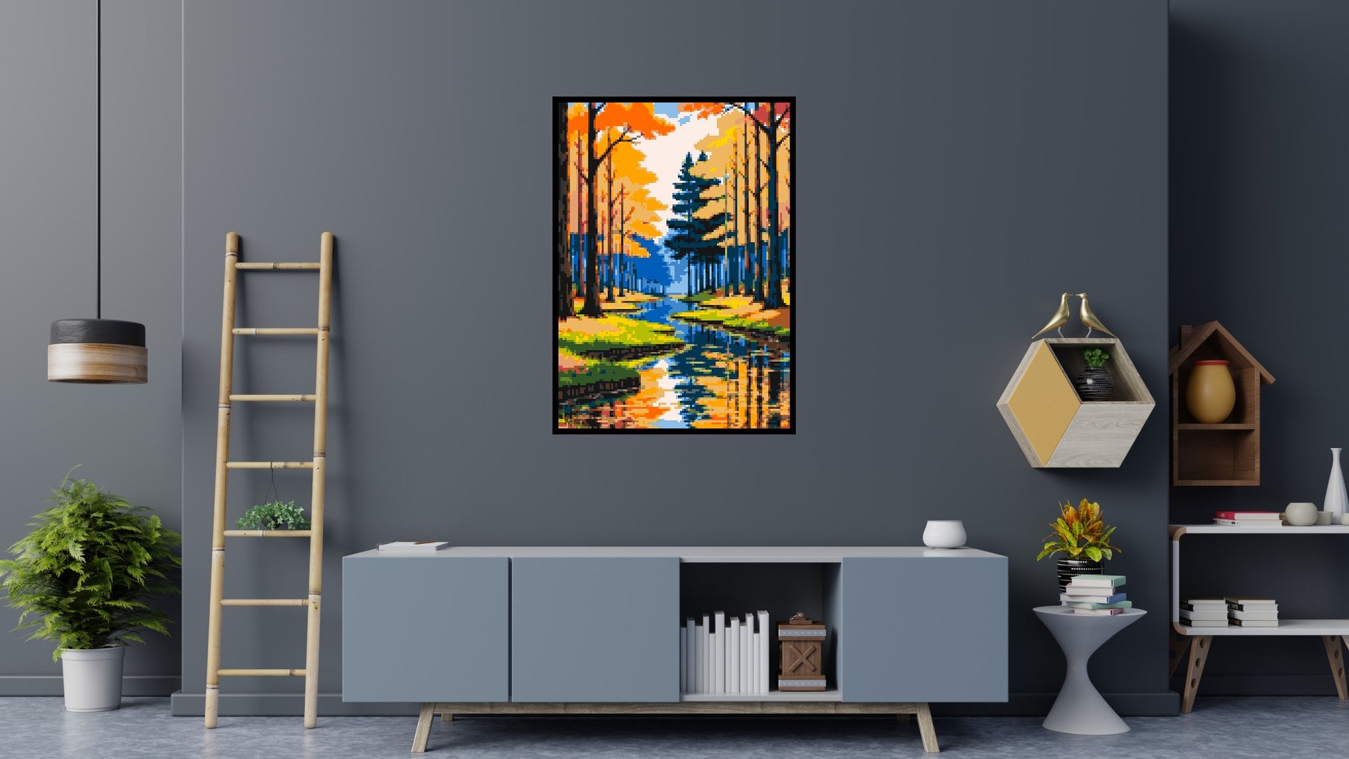 Autumn Forest River Reflection Illustration - Brick Art Mosaic Kit 5x7 scene with frame