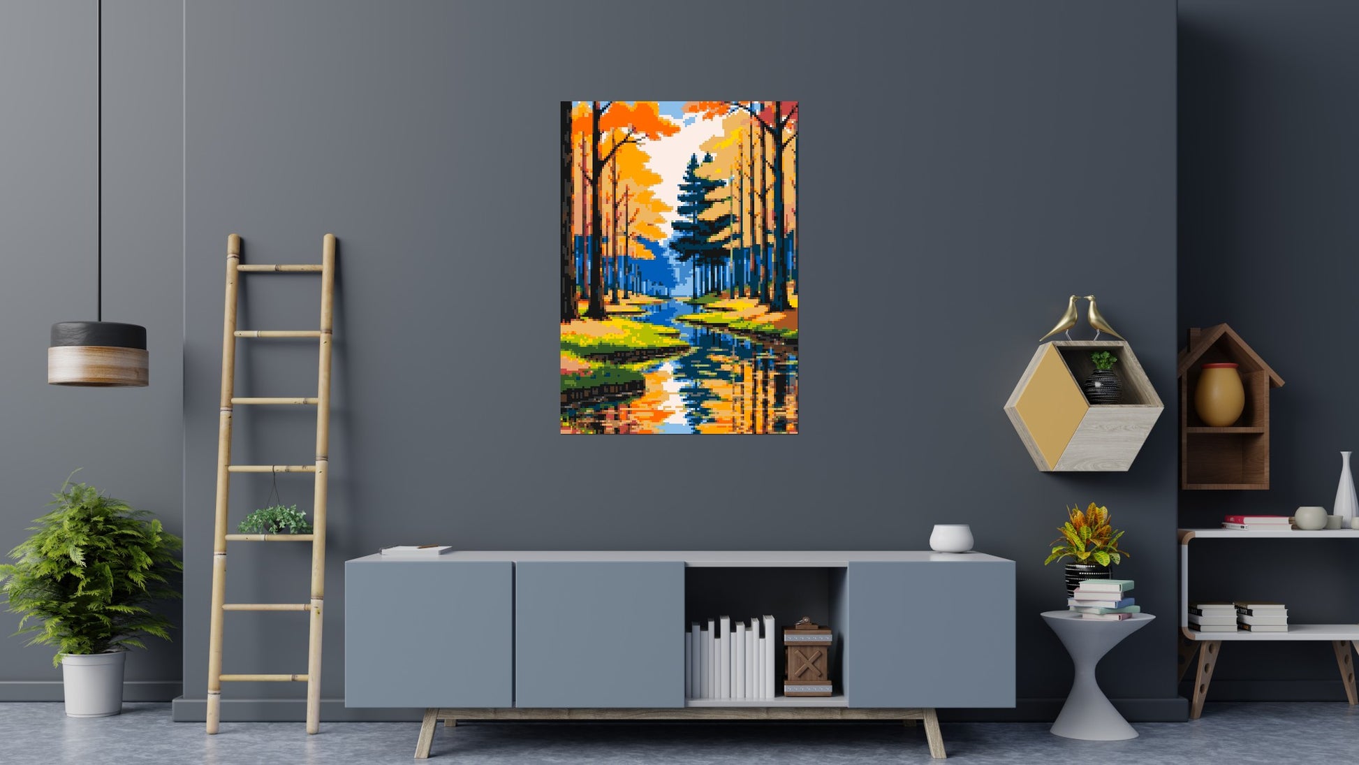 Autumn Forest River Reflection Illustration - Brick Art Mosaic Kit 5x7 scene