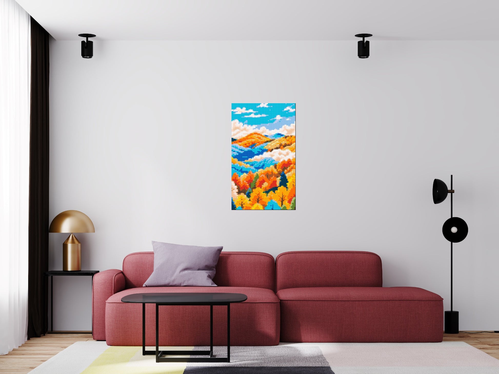 Vibrant Autumn Mountain Forest Illustration - Brick Art Mosaic Kit 3x5 scene