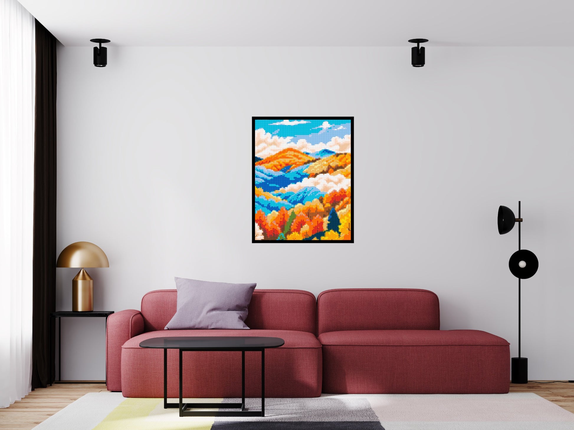 Vibrant Autumn Mountain Forest Illustration - Brick Art Mosaic Kit 4x5 scene with frame