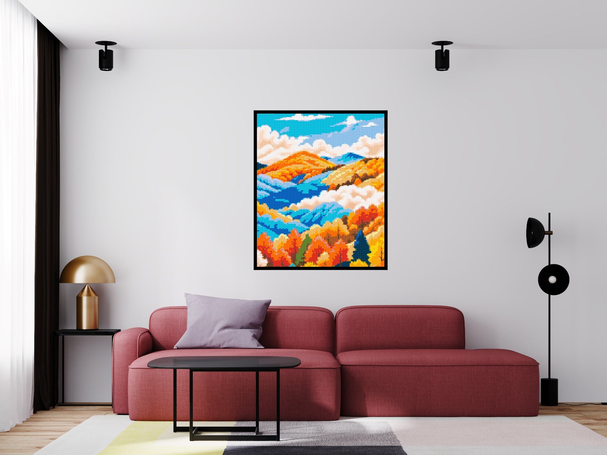 Vibrant Autumn Mountain Forest Illustration - Brick Art Mosaic Kit 5x6 scene with frame