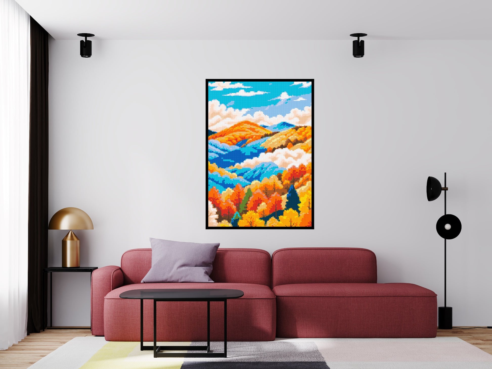 Vibrant Autumn Mountain Forest Illustration - Brick Art Mosaic Kit 5x7 scene with frame