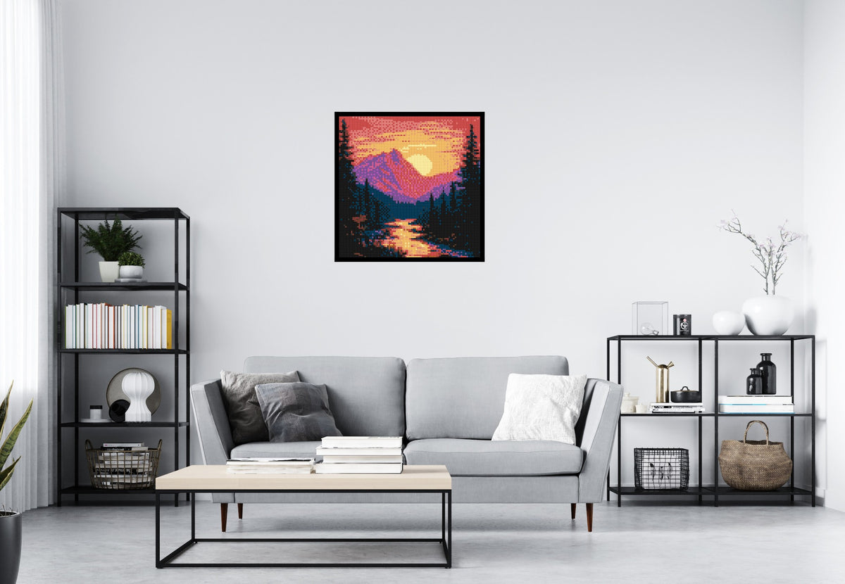 Sunset Mountain River Pixel Art - Brick Art Mosaic Kit 4x4 scene with frame