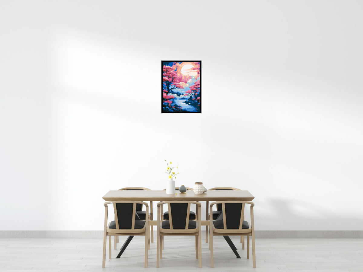 Cherry Blossom Trees and Glowing Moon Japanese Art - Brick Art Mosaic Kit 3x4 scene with frame