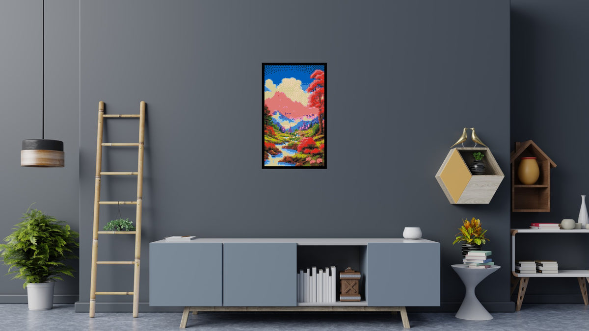 Pink Mountain Peaks and Cascading Waterfall Illustration - Brick Art Mosaic Kit 3x5 scene with frame