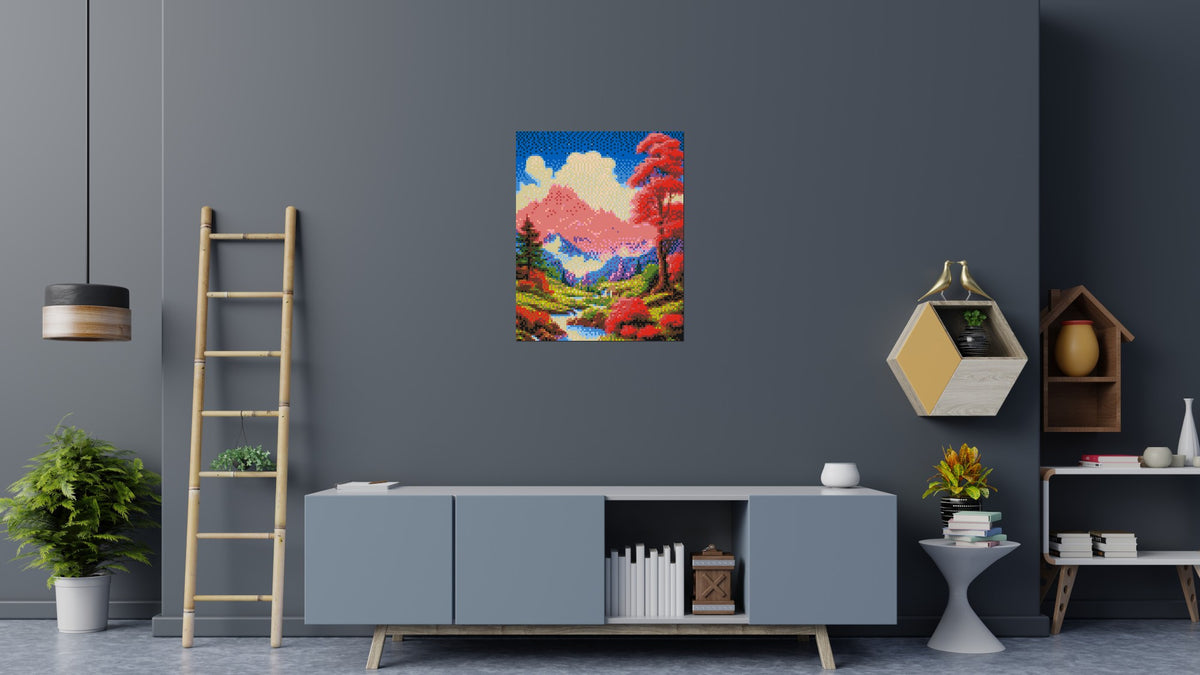 Pink Mountain Peaks and Cascading Waterfall Illustration - Brick Art Mosaic Kit 4x5 scene