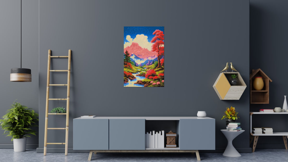 Pink Mountain Peaks and Cascading Waterfall Illustration - Brick Art Mosaic Kit 4x6 scene