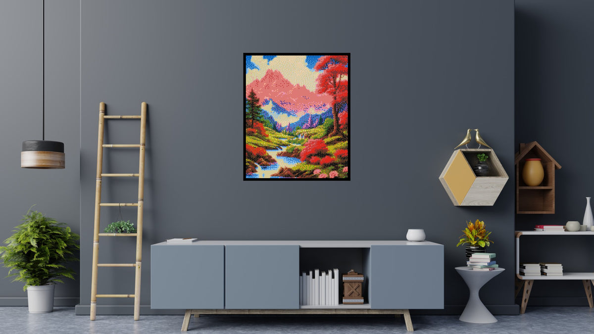 Pink Mountain Peaks and Cascading Waterfall Illustration - Brick Art Mosaic Kit 5x6 large