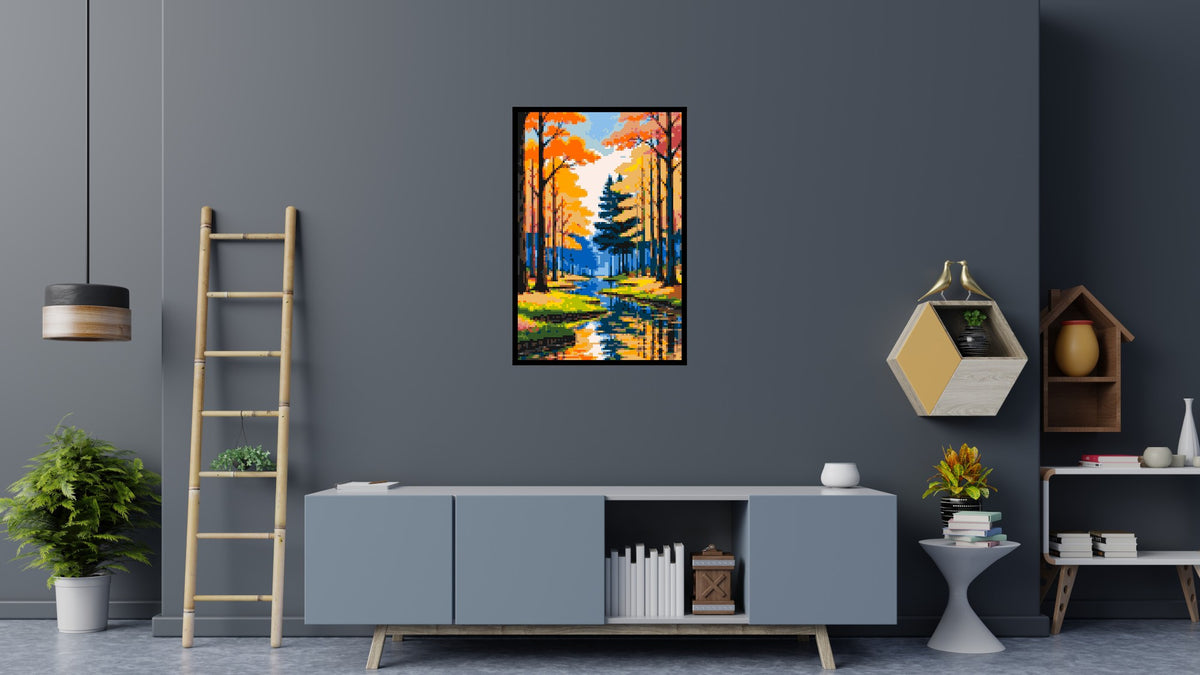 Autumn Forest River Reflection Illustration - Brick Art Mosaic Kit 4x6 scene with frame