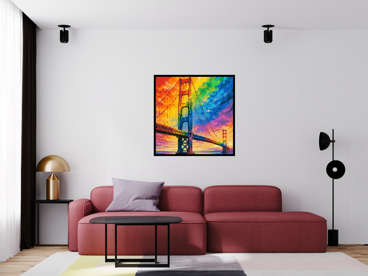 San Francisco Golden Gate Bridge Vibrant Post-Impressionist - Brick Art Mosaic Kit 5x5 scene with frame