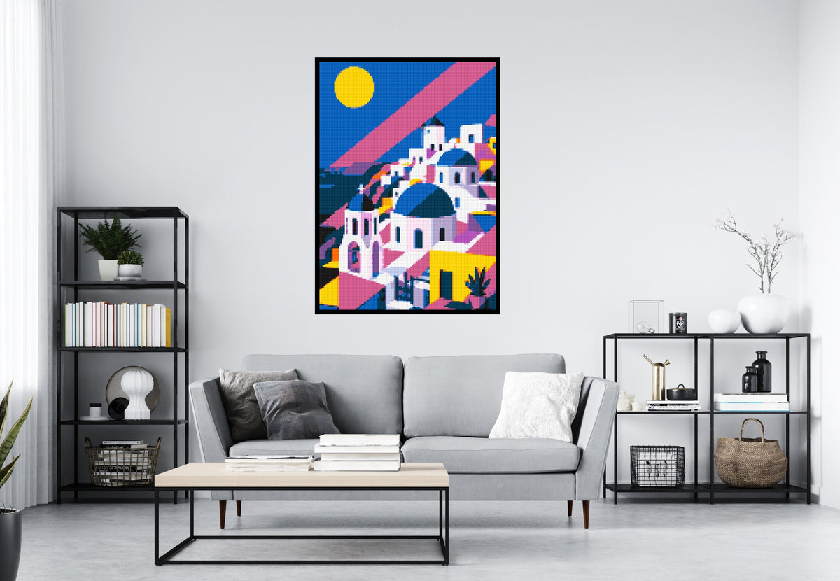 Santorini Geometric Pop Art - Brick Art Mosaic Kit 5x7 scene with frame