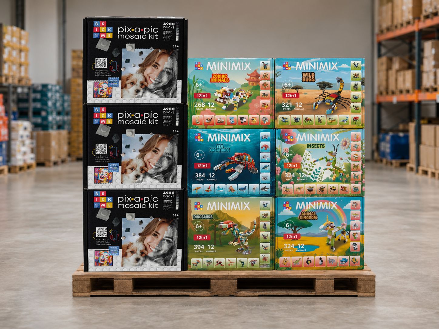 Pallet of packaged Brick Me product lines